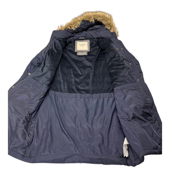 Abercrombie & Fitch Hooded Winter Puffer Jacket Coat Women XL Fur Trim Long Knee - Picture 5 of 7